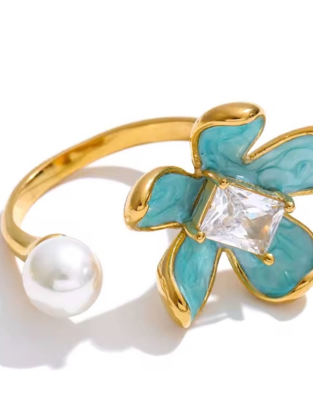 Gold plated Ring with Turquoise Enamel Flower and Pearl - Picture 9 of 9
